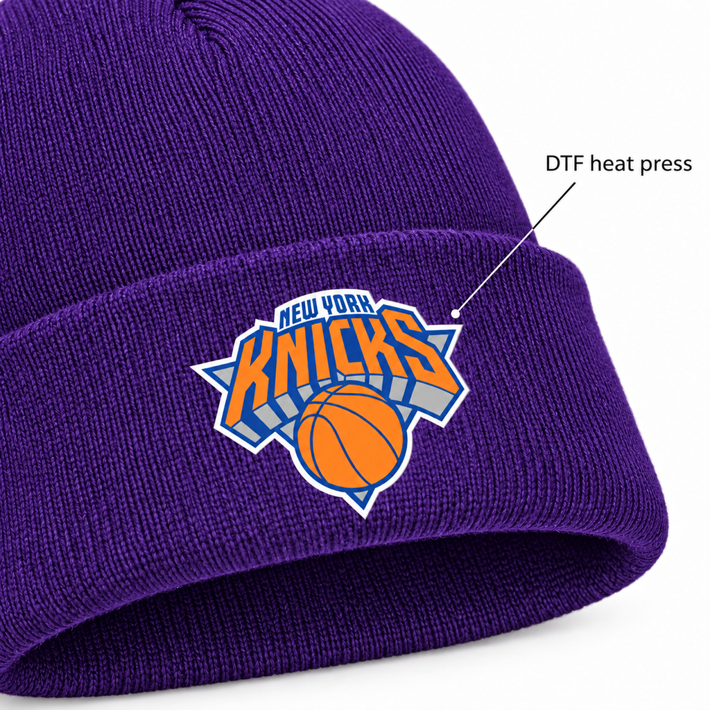 Purple - DTF Heat Press Detail - New York Knicks Beanie Hat