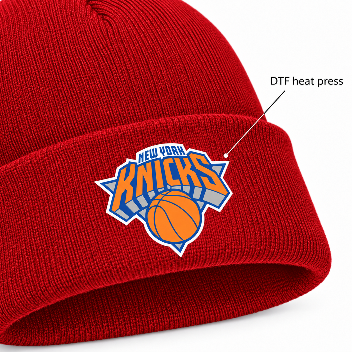 Red - DTF Heat Press Detail - New York Knicks Beanie Hat