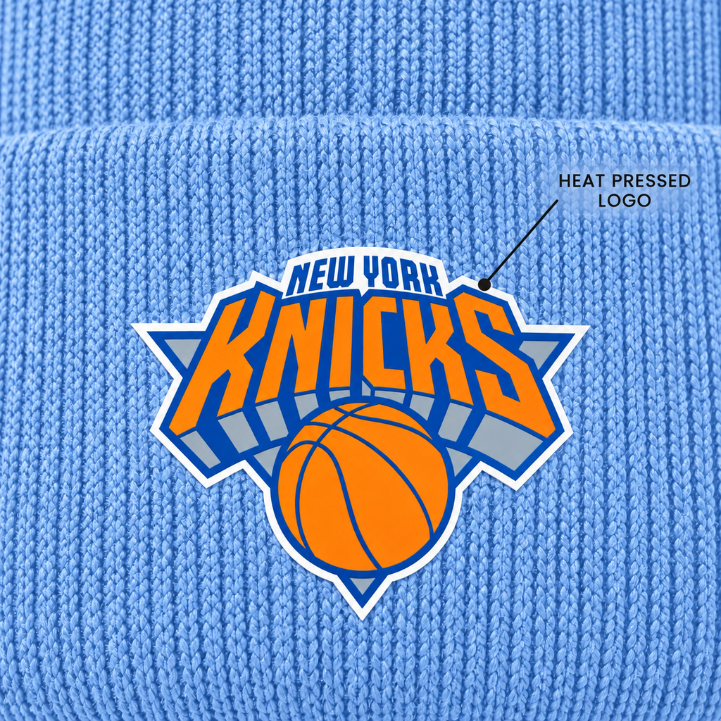 Sky Blue - DTF Heat Press Detail - New York Knicks Beanie Hat