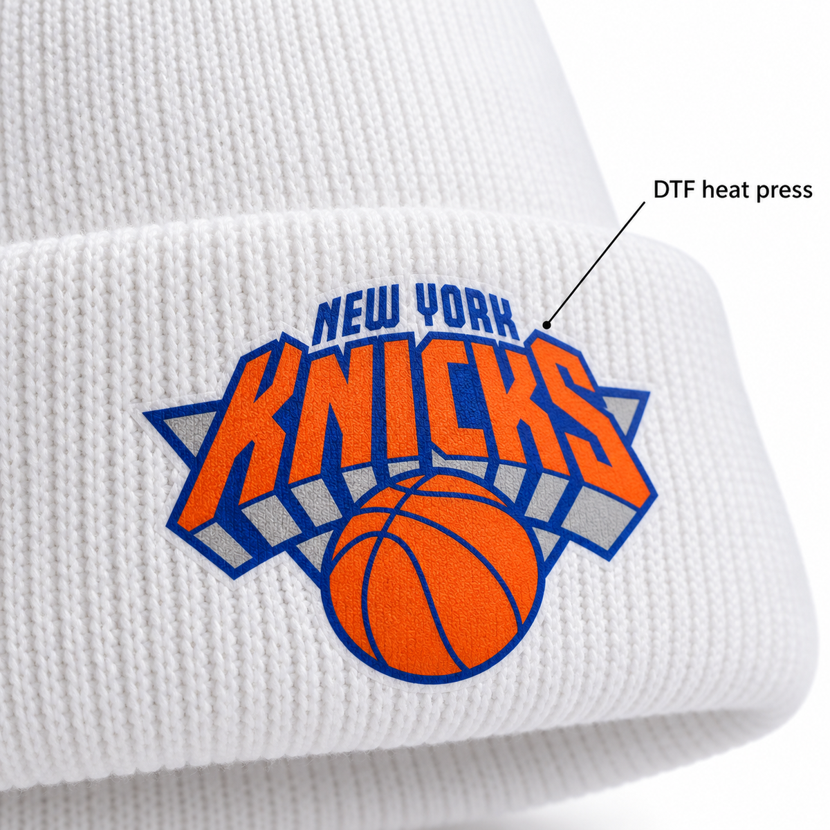 White - DTF Heat Press Detail - New York Knicks Beanie Hat