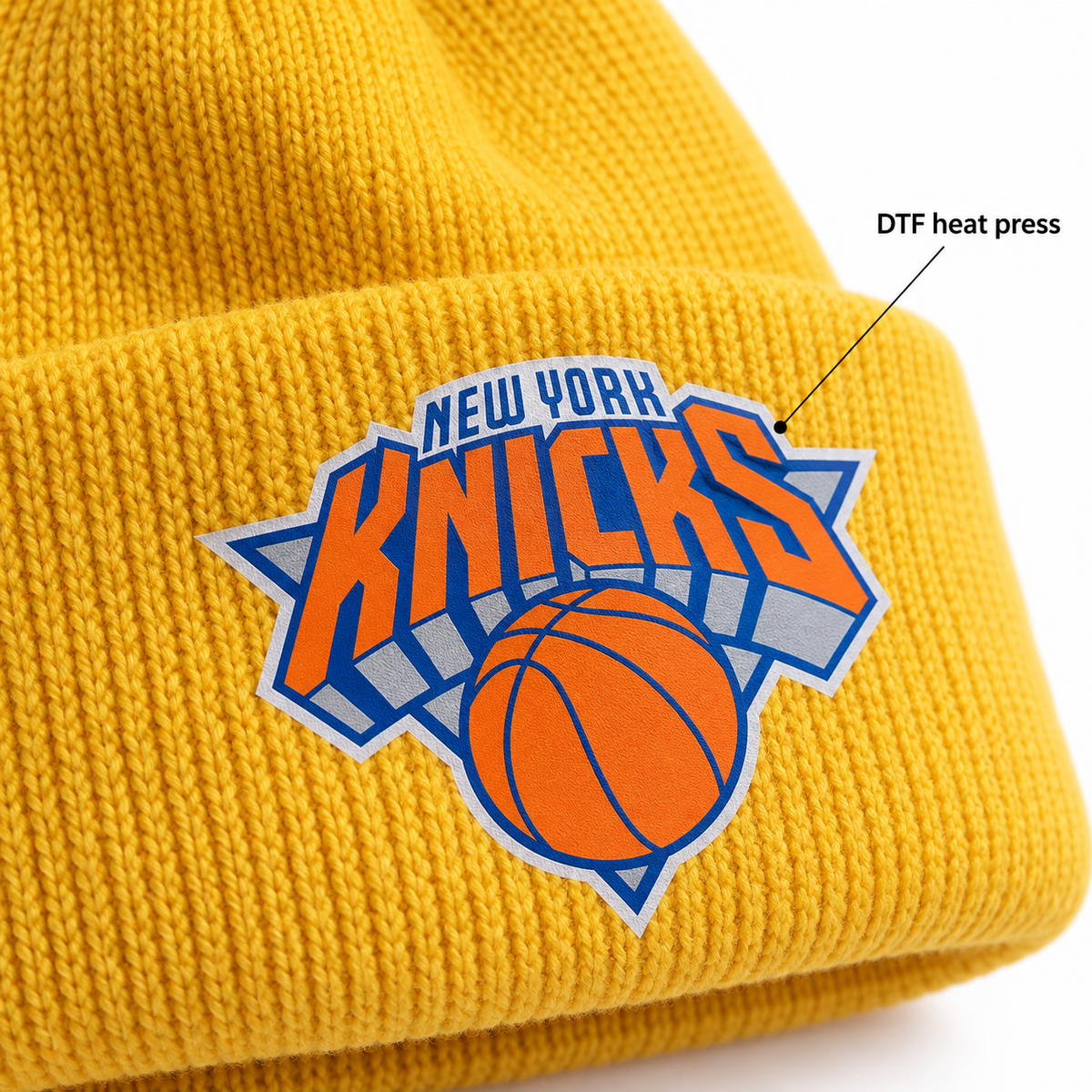 Yellow - DTF Heat Press Detail - New York Knicks Beanie Hat