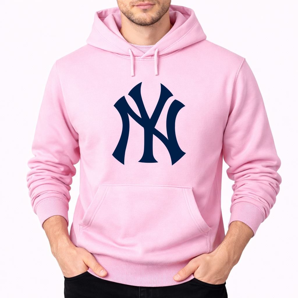 Pink New York Yankees pullover hoodie - model wearing view