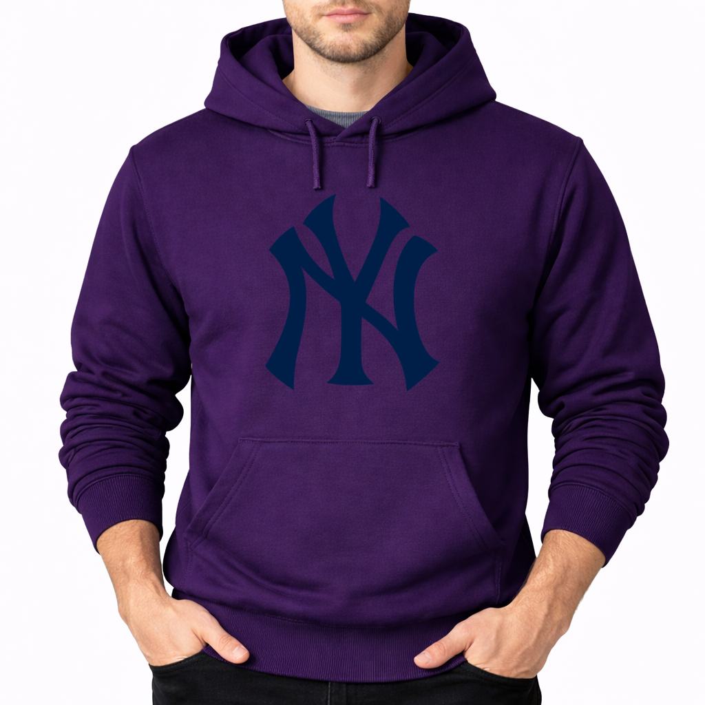 Purple New York Yankees pullover hoodie - model wearing view