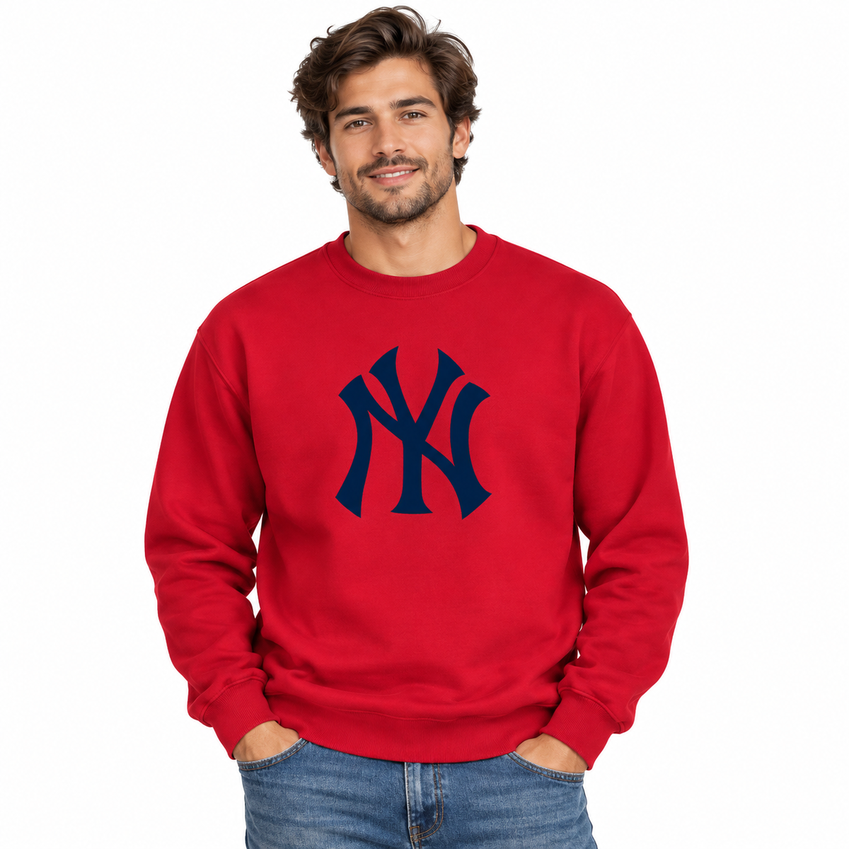 Red New York Yankees crewneck sweatshirt - model wearing view
