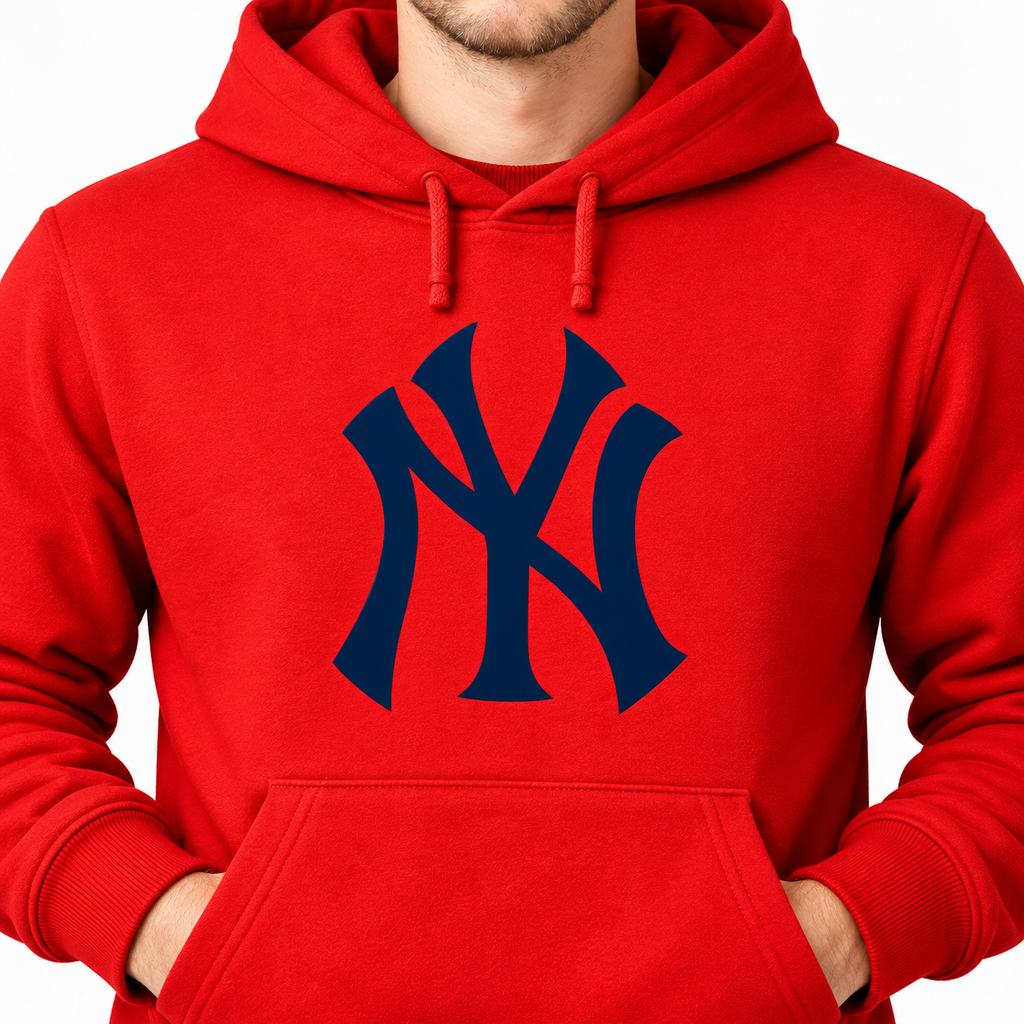 Red New York Yankees pullover hoodie - DTF print close-up