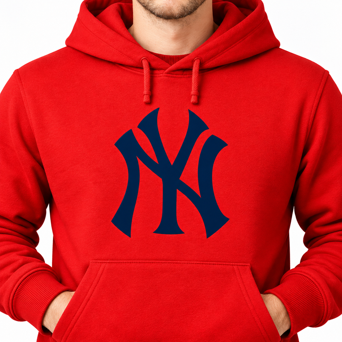Red New York Yankees pullover hoodie - DTF print close-up