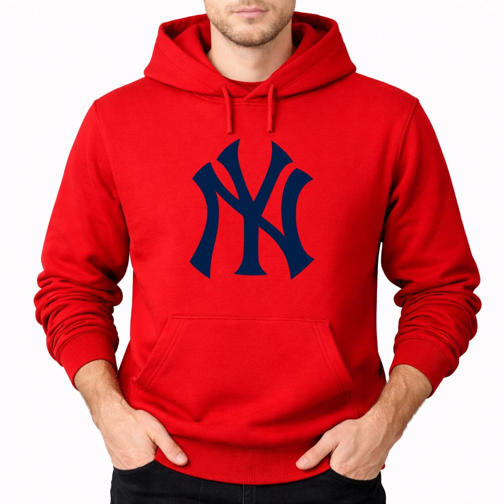 Red New York Yankees pullover hoodie - model wearing view