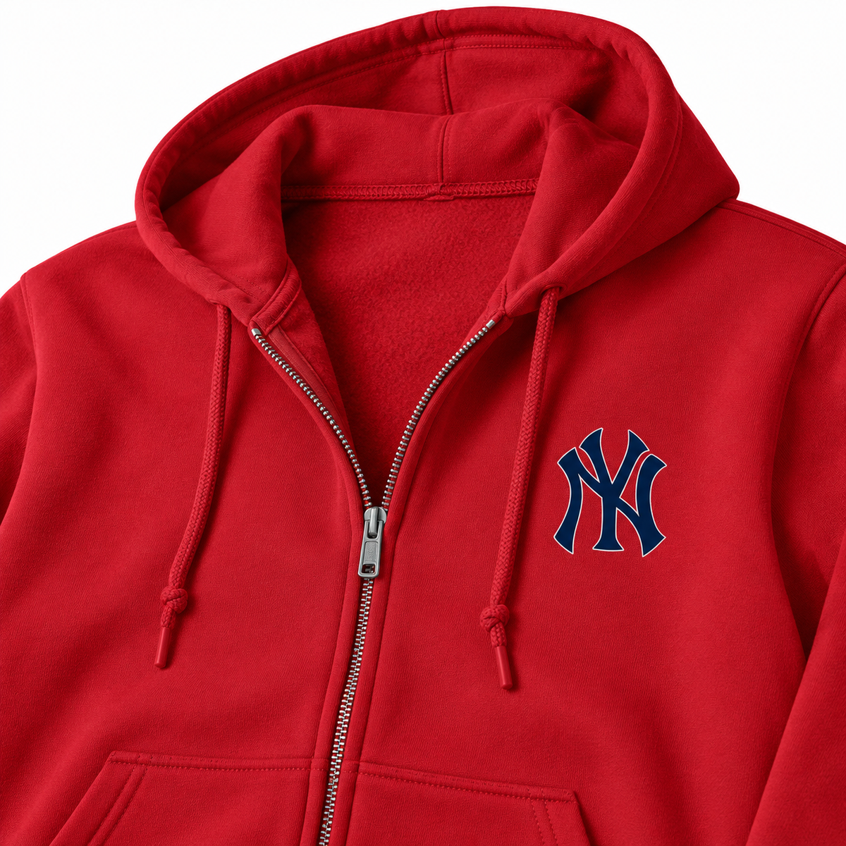 Red New York Yankees zipper hoodie - DTF print zipper fleece close-up