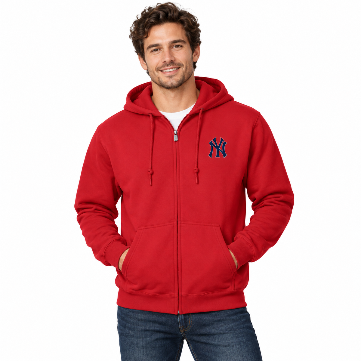 Red New York Yankees zipper hoodie - model wearing view