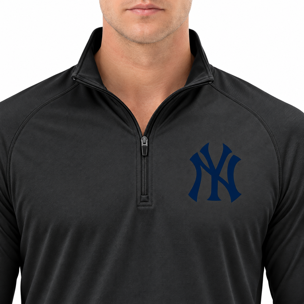 Dark Grey New York Yankees quarter-zip athletic shirt - DTF print close-up