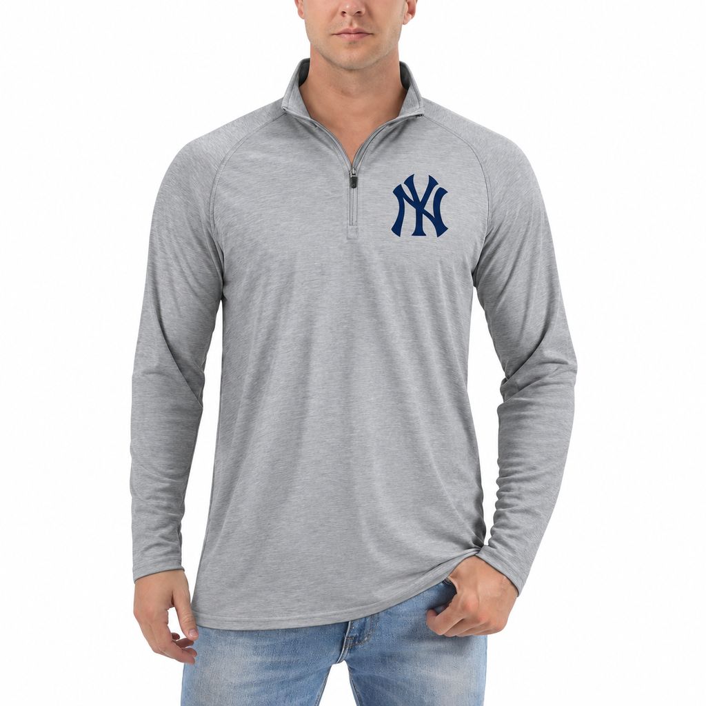 Light Grey New York Yankees quarter-zip athletic shirt - model wearing view
