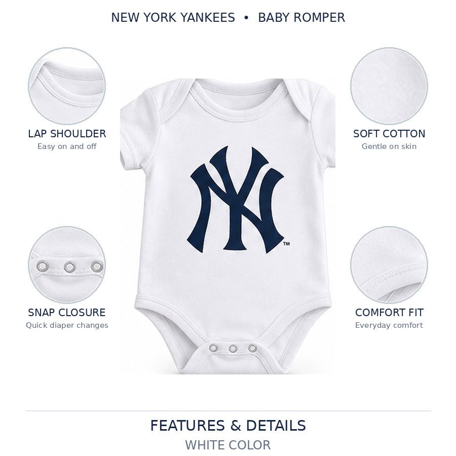 White Yankees baby romper — garment features