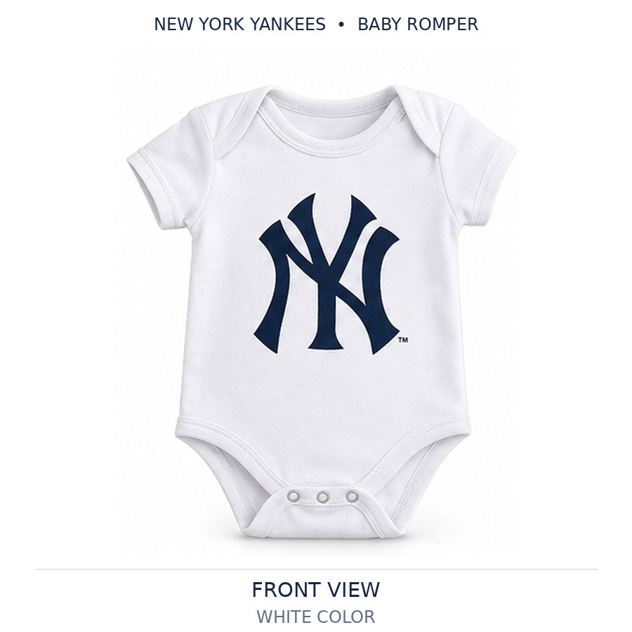White Yankees baby romper — front view
