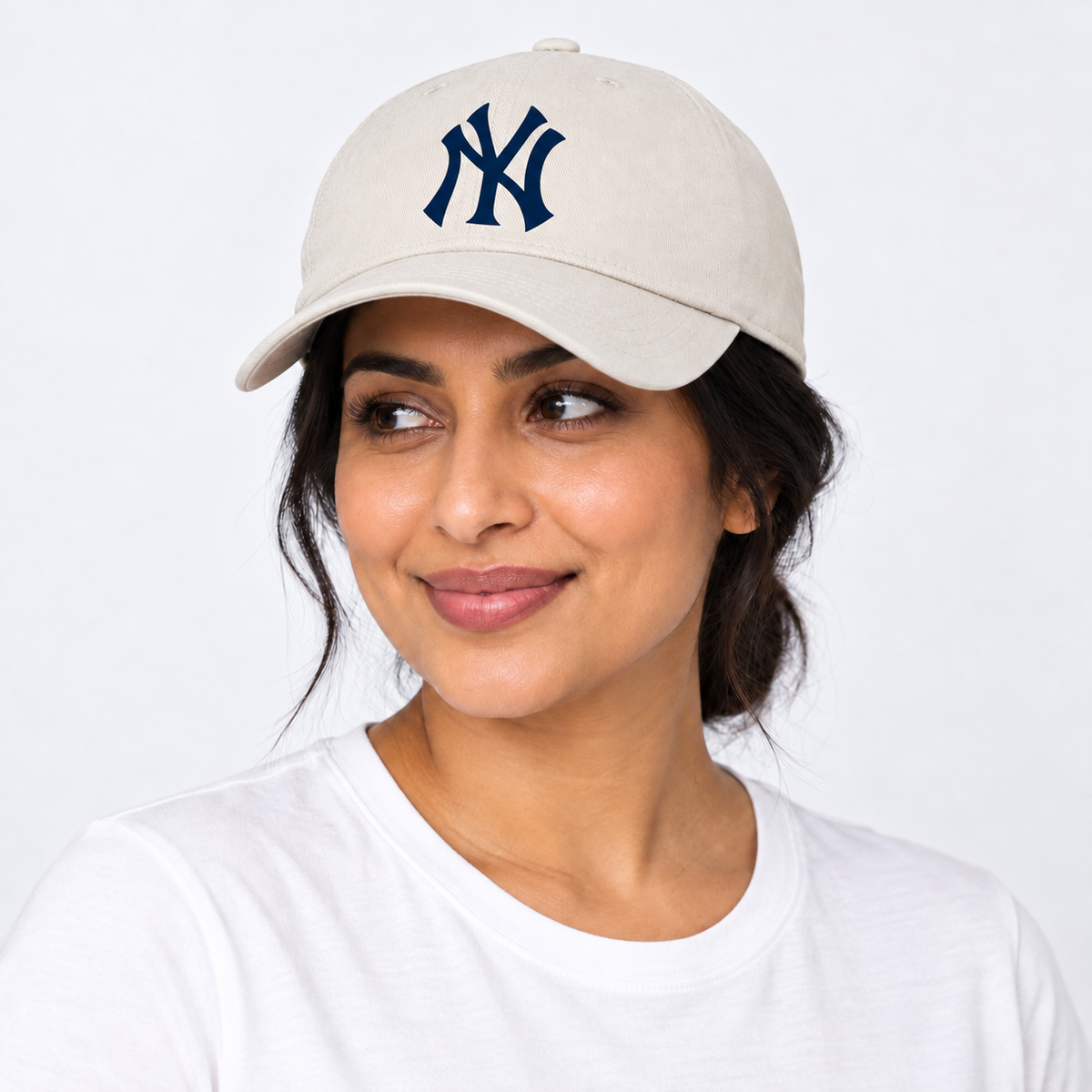 Beige New York Yankees dad baseball cap hat - model wearing seamless front hat