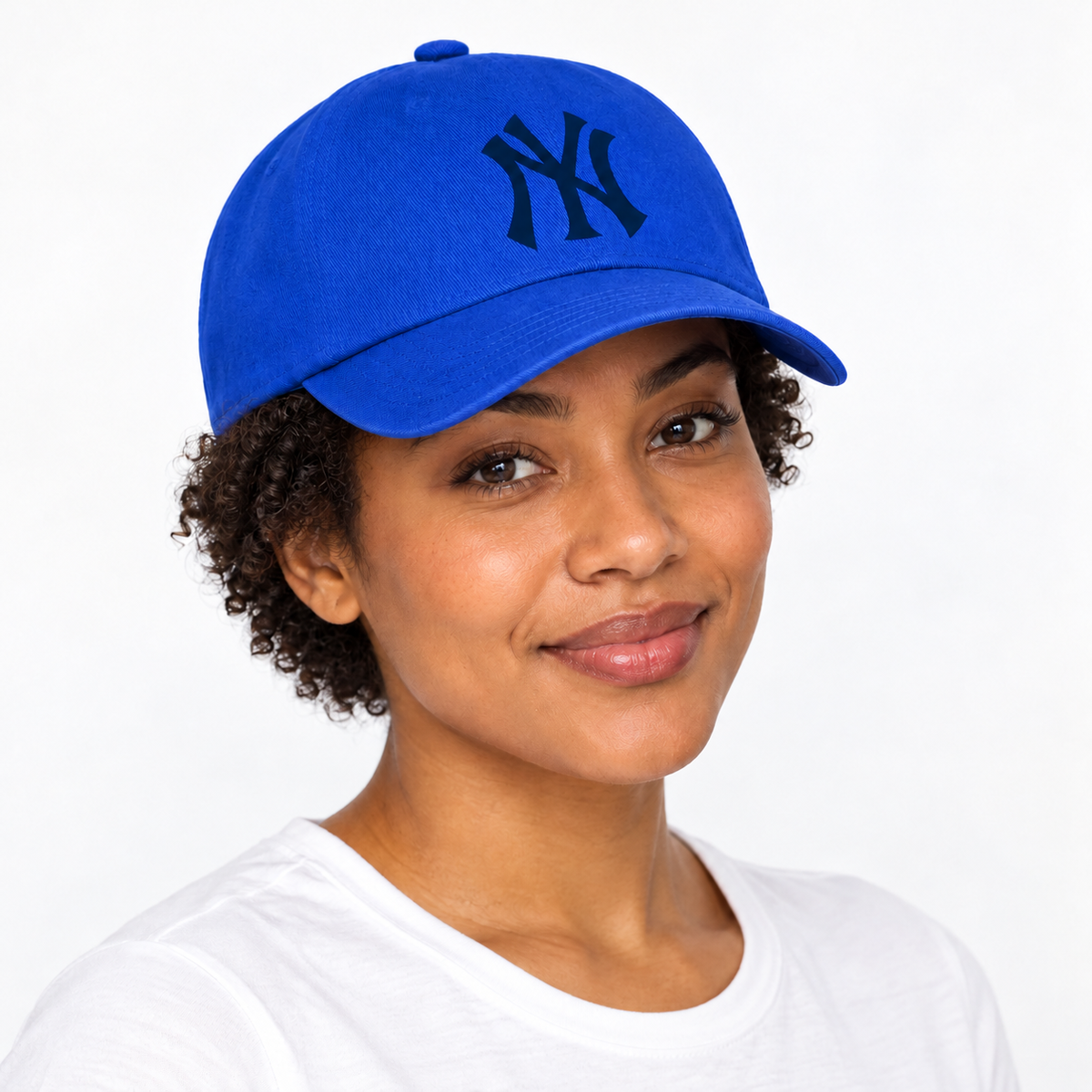 Blue New York Yankees dad baseball cap hat - model wearing seamless front hat