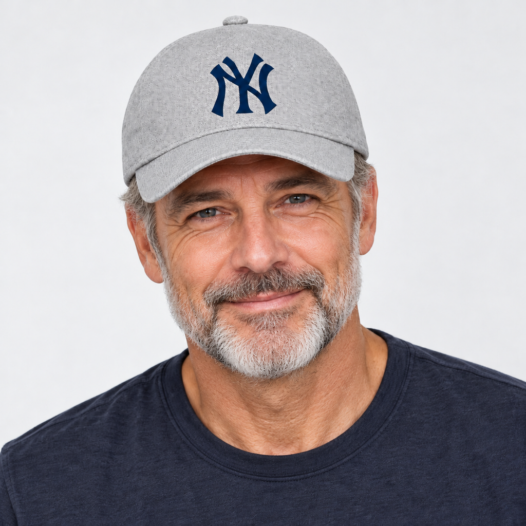 Gray New York Yankees dad baseball cap hat - model wearing seamless front hat