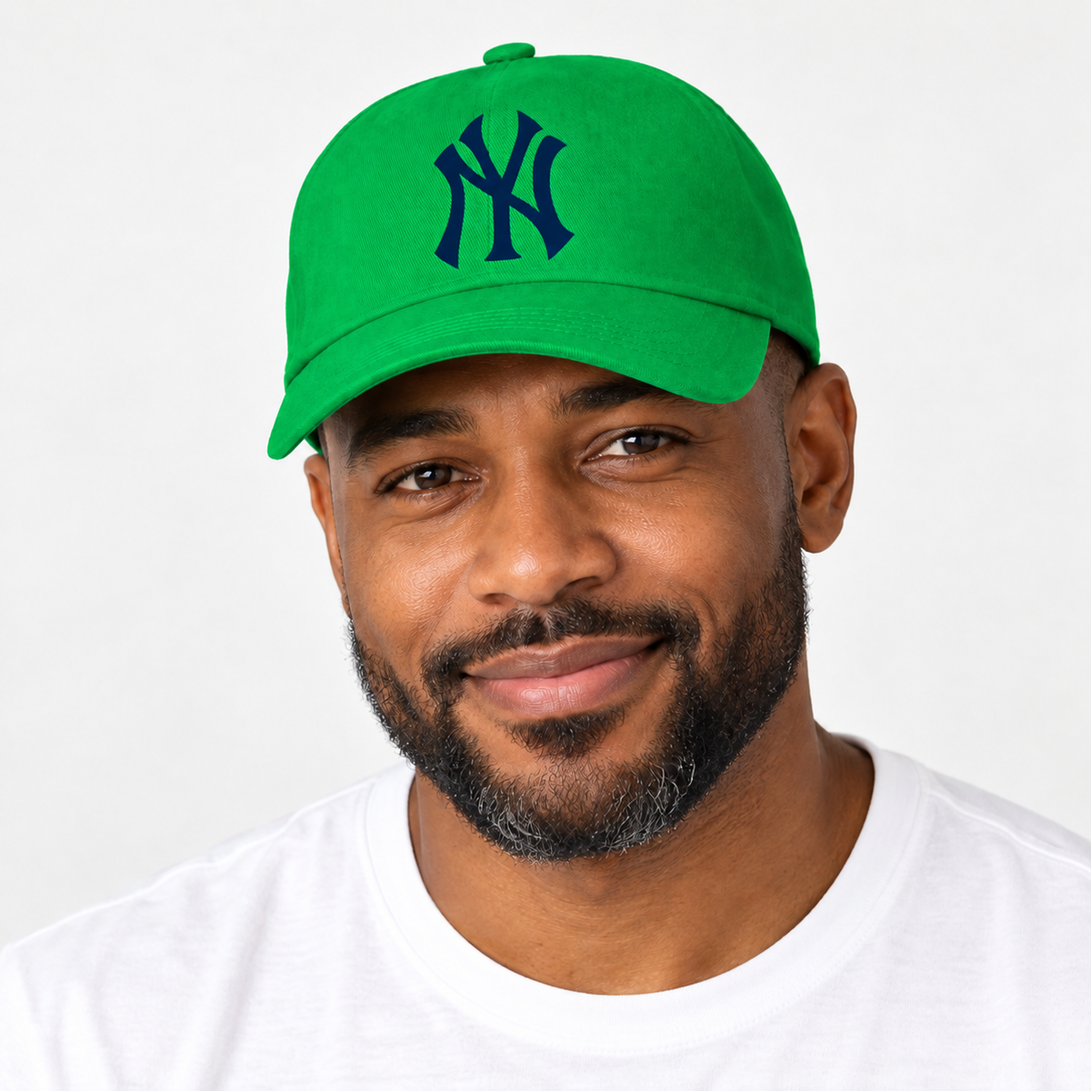 Green New York Yankees dad baseball cap hat - model wearing seamless front hat