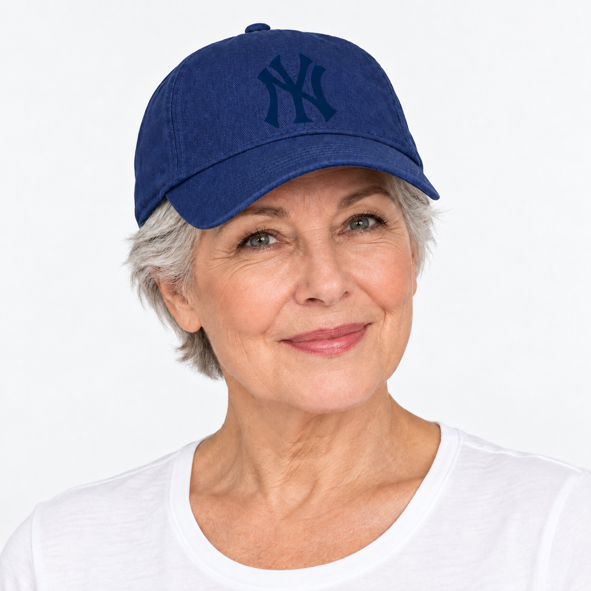 Navy New York Yankees dad baseball cap hat - model wearing seamless front hat