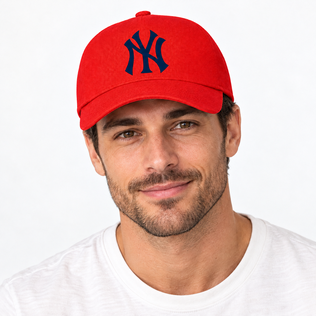 Red New York Yankees dad baseball cap hat - model wearing seamless front hat