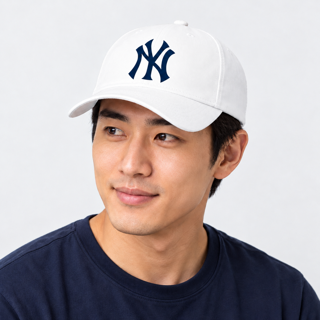White New York Yankees dad baseball cap hat - model wearing seamless front hat