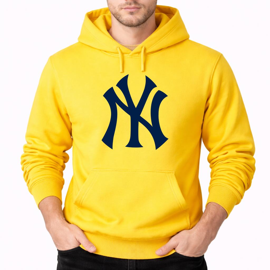 Yellow New York Yankees pullover hoodie - model wearing view